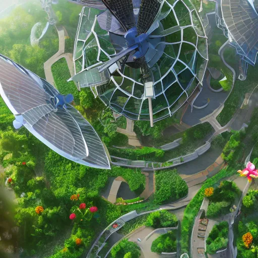 Prompt: A lolita dress themed as a A beautiful girl standing in a Ecofriendly utopian jungle city. Solar panels solarpunk with energy green trees jungle vines urban skyscraper. Eco domes with gardens inside. Giant wind energy windmills, flying spaceships. Spaceships in the sky delivering people to tall jungle buildings. Unreal engine photorealistic high defintion depth of field rendering 4k