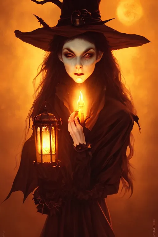 Image similar to portrait of a ghoulish victorian witch dark cheekbones holding a lantern, halloween night, charlie bowater, artgerm, ilya kuvshinov, krenz cushart, ruan jia, realism, ultra detailed, 8 k resolution