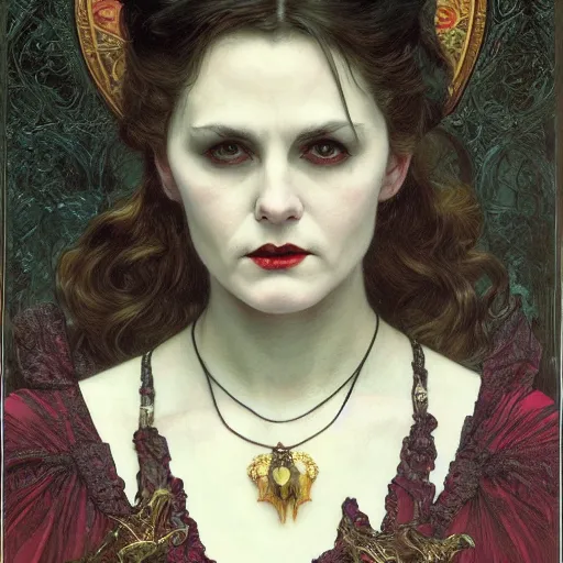 Image similar to portrait of a lady vampire, 35mm, victorian, depth of field, ominous, sharp, highly detailed, photorealistic, realistic, unreal 5, high definition, 8k, deviantart, donato giancola, irwin penn, Alphonse Mucha