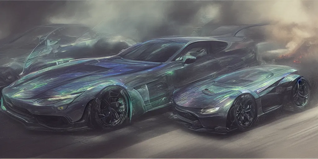 Prompt: full view of a sport car, surrounded in a detailed smoke, busy wet street at night, painted in dark color holographic pearlescent, elegant, digital painting, concept art, smooth, sharp focus, art style from Wang Ke and Greg Rutkowski and Bruce Kaiser and Scott Robertson and Dmitry Mazurkevich and Doruk Erdem and Jon Sibal, small style cue from Mad Max