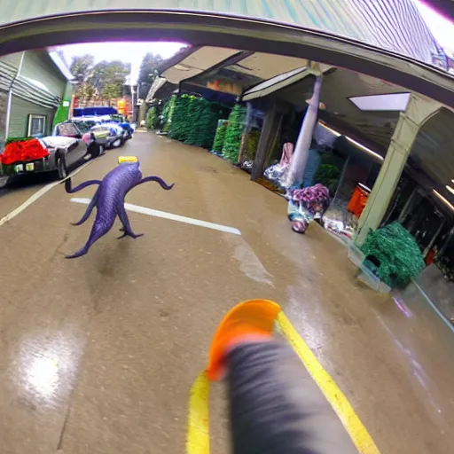 Prompt: Fisheye view of dinosaur stealing packages