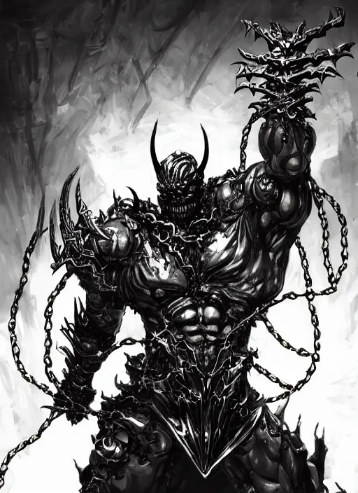 Image similar to scary demon man with twisted face, horns, white skin, armour made of golden ornate chains. in style of yoji shinkawa and hyung - tae kim, trending on artstation, dark fantasy, great composition, concept art, highly detailed, dynamic pose.