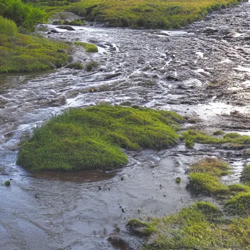 Prompt: landscape, river made of hot tea