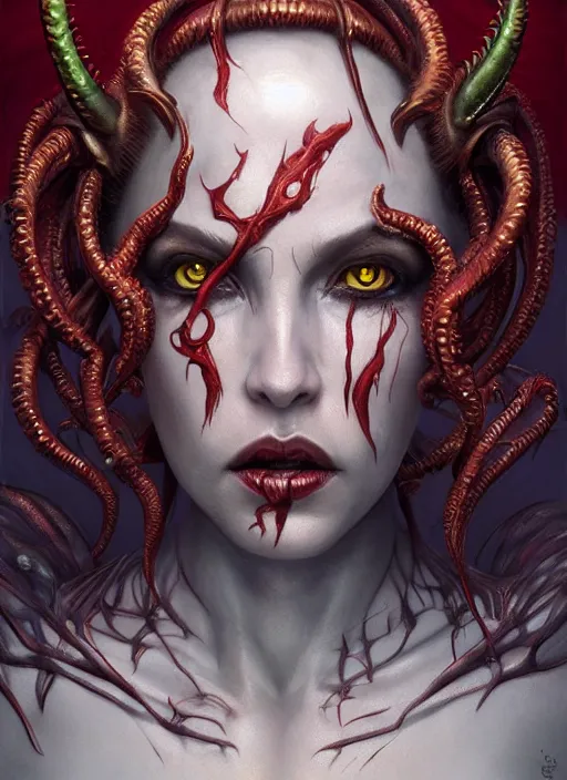 Prompt: a hyper detailed face portrait of the queen of blades, diablo 4 lilith, sideshow figurines, cthulu, by tom bagshaw, artgerm, dorian cleavenger, greg rutkowski, wlop, astri lohne, zdzisław beksinski trending on artstation