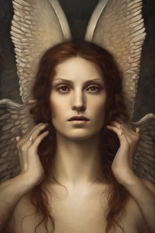 Prompt: a single portrait of the archangel raphael by Jovana Rikalo, by roberto ferri, by austin osman spare, by tom bagshaw, a delicate oilpainting, highly ornamental