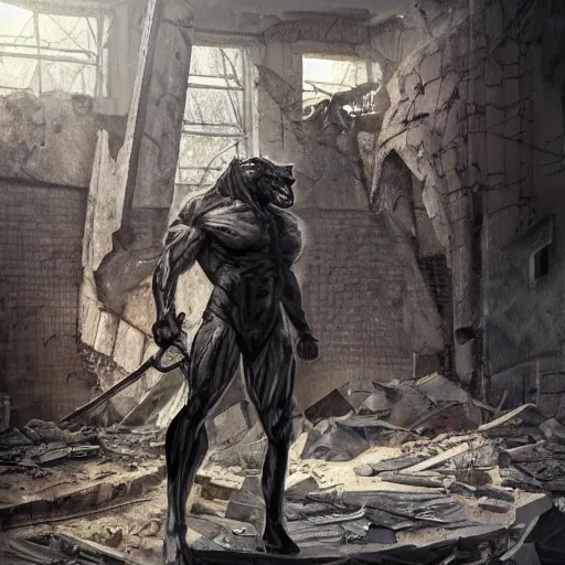 Image similar to a hyper - muscular anthropomorphized male horse with a magnificently muscular physique wearing tactical gear standing in the ruins of a facility, furry art, furaffinity, highly detailed, digital painting, artstation, concept art, magic the gathering, illustration by artgerm, greg rutkowski