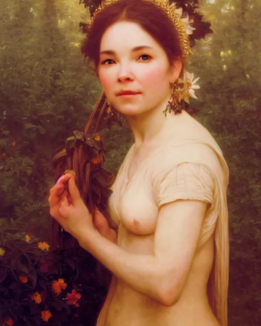 Image similar to beautiful glorious realistic oil painting of bjork, bokeh, baroque style by bouguereau, sunset, highly detailed, 8 k intricate