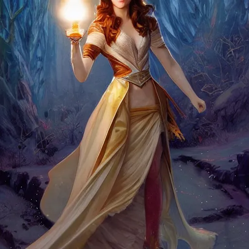 Image similar to anna kendrick holding a glowing wand in one hand and a large leather bound book, fantasy, intricate, elegant, highly detailed, digital painting, artstation, concept art, matte, sharp focus, illustration, in the style of magic the gathering, art by artgerm and greg rutkowski and alphonse mucha