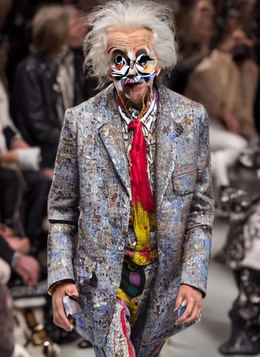 Image similar to hyperrealistic and heavy detailed gucci runway show of albert einstein, leica sl 2 5 0 mm, vivid color, high quality, high textured, real life