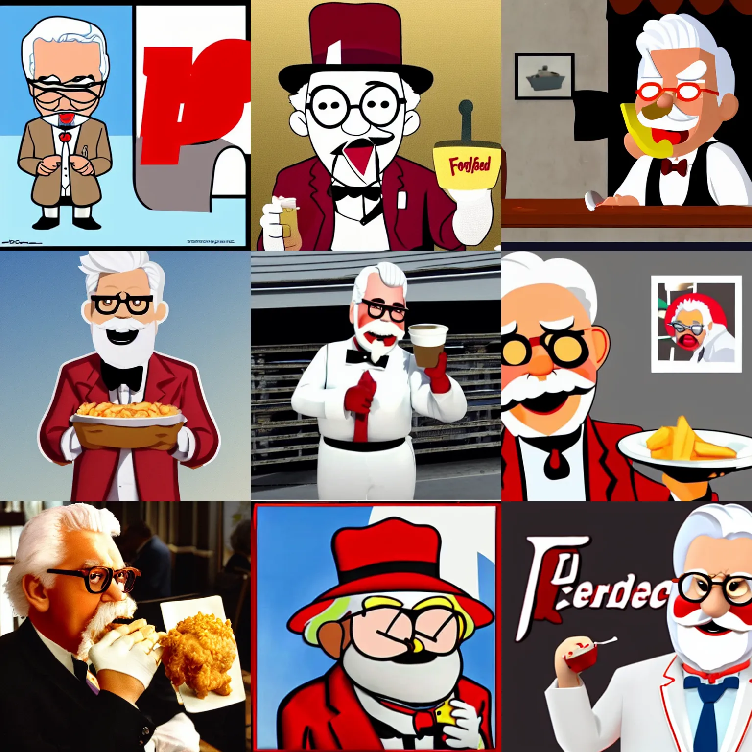 Prompt: colonel sanders eating fried chicken. style of pixar. high quality, chibi