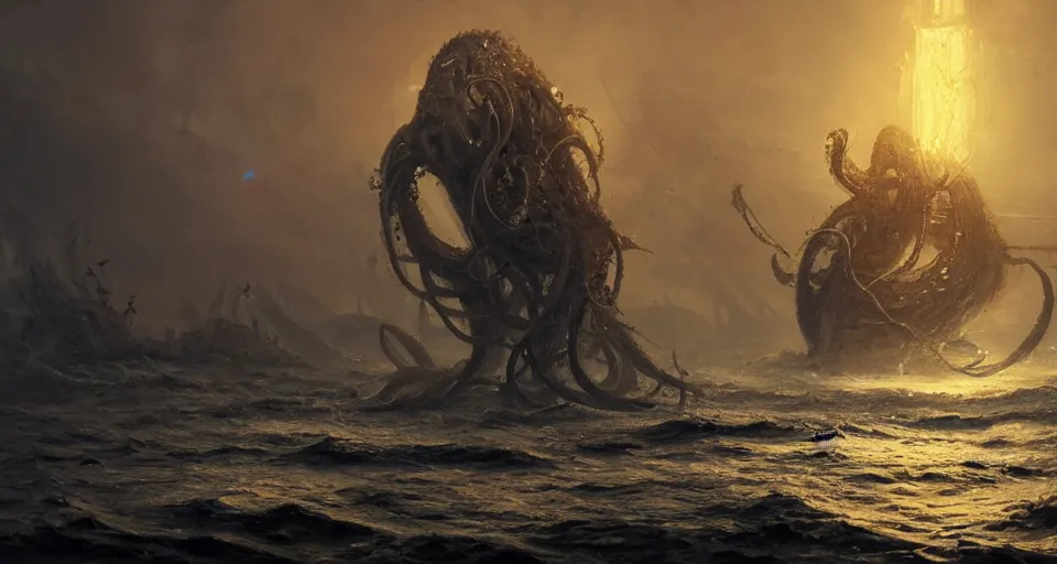 Prompt: big kraken in a bloody ocean, found foutage, horror, intricate, elegant, glowing lights, highly detailed, digital painting, artstation, concept art, smooth, sharp focus, illustration, great space, greg rutkowski, 8 k, very high resolution, processing, extremely hyperdetailed