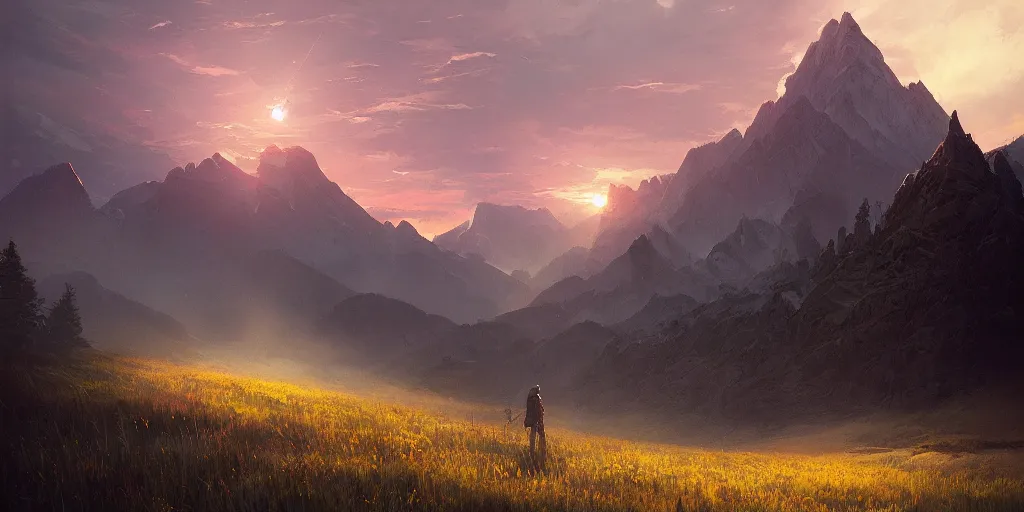 Image similar to everyday we drift further from reality, first light, mountains, meadow, wildflowers, clouds, dramatic lighting, sunrise, by greg rutkowski and jeffrey smith, trending on artstation