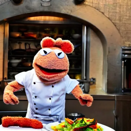 Prompt: italian chef cooking a muppet in a pot