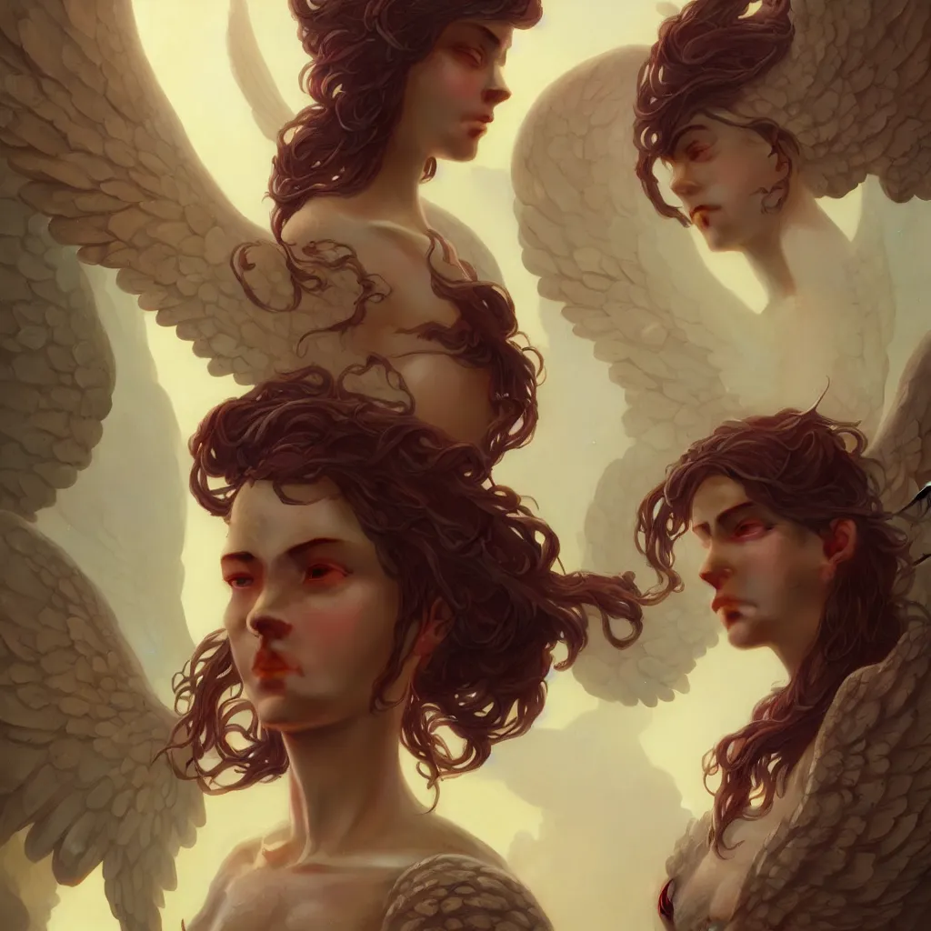 Image similar to beautiful very extreme closeup portrait, stone angels statues, unreal engine, greg rutkowski, loish, rhads, beeple, tom bagshaw, alphonse mucha, global illumination, detailed and intricate environment