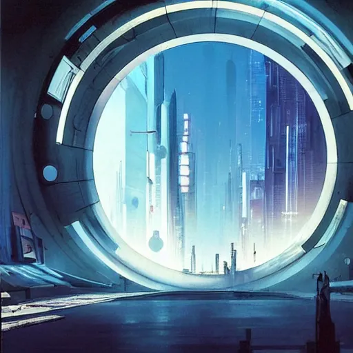 Prompt: circular derelict portal in a middle of a futuristic cityscape, world seen only through a portal, daylight, cinematic perspective, cinematic lighting, blue sky, syd mead, john harris