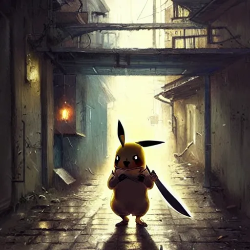 Image similar to pikachu wielding a machete and mugging people in a back alley, art by greg rutkowski, intricate, elegant, highly detailed, smooth, sharp focus, artstation