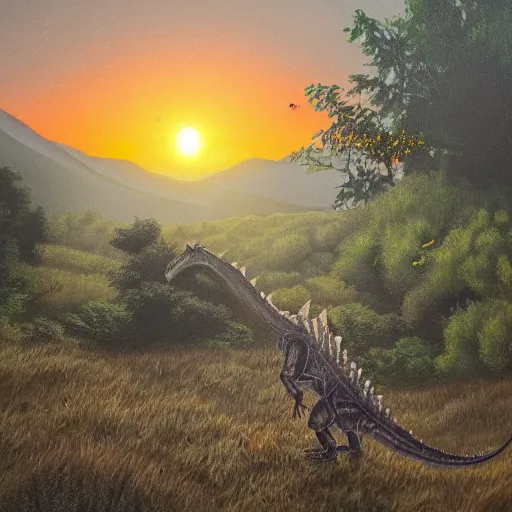 Prompt: dinosaur in the distance walking through shrubbery, over hills, misty, sunset, painting, detailed landscape