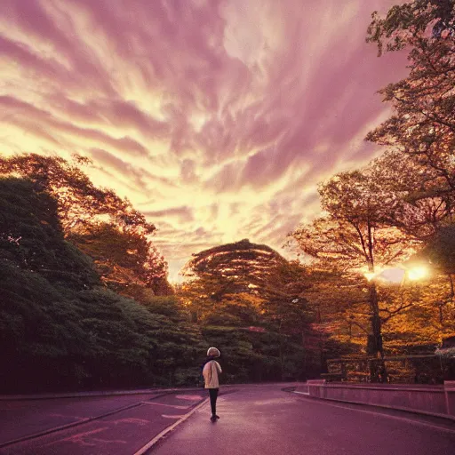 Image similar to 1 9 9 0 s candid 3 5 mm photo of a beautiful forest in tokyo, cinematic lighting, cinematic look, golden hour, the clouds are epic and colorful with cinematic rays of light, a man walks down the center of the forest with a beanie on, photographed by petra collins, uhd