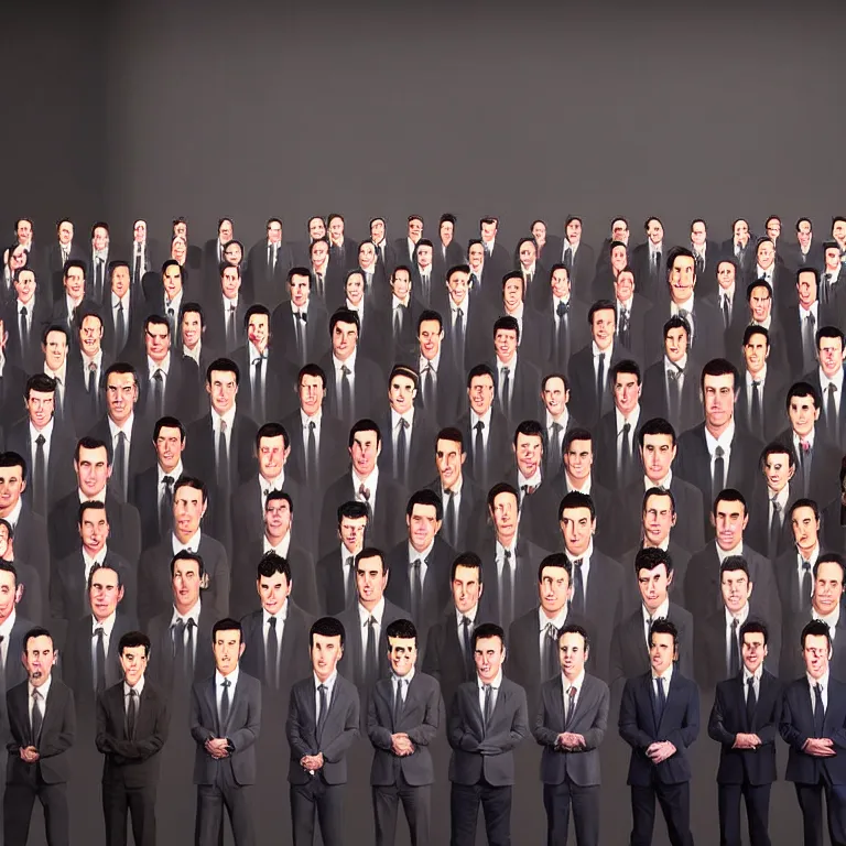 Image similar to focused dslr medium shot photograph of nathan fielder standing in front of dozens of nathan fielder clones on puppet strings from nathan for you on comedy central on a stage with a red curtain, meta, fractal, trippy, high detail!!! 8 k!!!!, photorealism!!!, sharp focus!!! coherent!!!