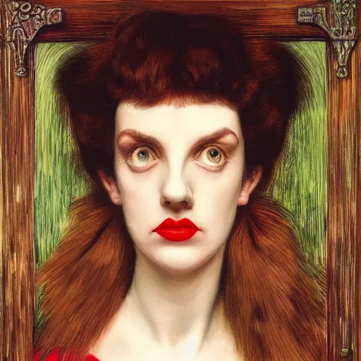 Prompt: portrait of a hybrid of judy garland and lady gaga, marfan syndrome, full lips, downward slanting eyes, with a brown fringe, holman hunt, john william waterhouse, kilian eng, rosetti, john everett millais, william holman hunt, 4 k