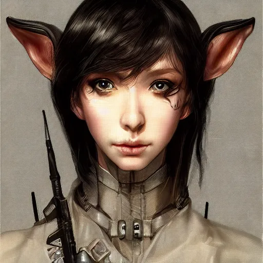 Image similar to portrait of an elf girl by ayami kojima, she is about 2 0 years old, mixture between british and japanese, black bob hair, and she is wearing a modern tactical gear, scifi, highly detailed portrait, digital painting, artstation, concept art, smooth, sharp foccus ilustration, artstation hq