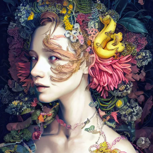 Image similar to the portrait of an absurdly beautiful, graceful, elegant young woman made of bananas and petals looking to the side, an ultrafine detailed illustration by kim jung gi, irakli nadar, intricate linework, bright colors, octopath traveler, final fantasy, angular, unreal engine 5 highly rendered, global illumination, radiant light, detailed and intricate environment