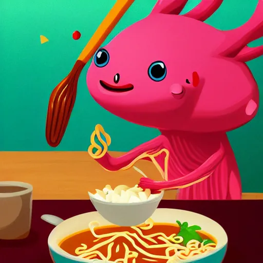 Image similar to cute cartoon axolotl eating ramen, colorful, artstation hd