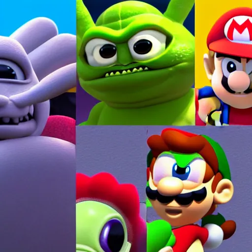 Image similar to super mario as godzilla yoda donkey kong pikachu yeti shrek fairy homer groot waluigi darth vader mike wazowski, highly detailed, extremely high quality, hd, 4 k, 8 k, professional photographer, 4 0 mp, lifelike, top - rated, award winning, cinematic, realistic, detailed lighting, detailed shadows, sharp, no blur, edited, corrected, trending