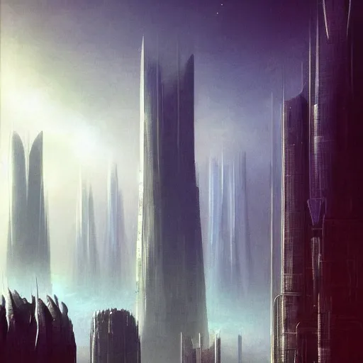 Image similar to a futuristic city scape of vertical organic farms, breeding, growing, cellular structures, epic landscape, endless towering science fiction towers, misty, in the style of john harris