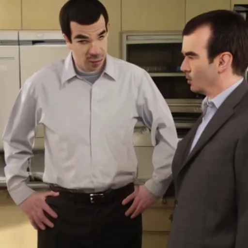 Prompt: Nathan Fielder helps Walter White with his struggling business, tv show screencap, 1080p