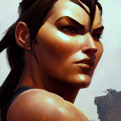 Image similar to greg manchess portrait painting of partially armored lara croft as overwatch character, close - up shot, asymmetrical, profile picture, organic painting, sunny day, matte painting, bold shapes, hard edges, street art, trending on artstation, by huang guangjian and gil elvgren and sachin teng