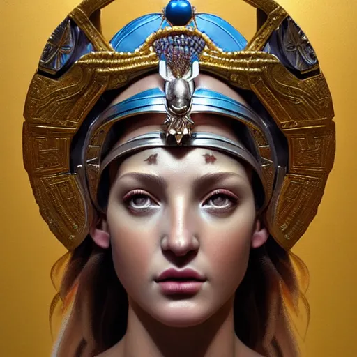 Image similar to hyperrealistic mixed media painting of beautiful goddess Athena, stunning 3d render inspired art by P. Craig Russell and Barry Windsor-Smith, perfect facial symmetry, dim volumetric lighting, full full full full face face face face face 8k octane beautifully detailed render, headpiece headpiece headpiece, post-processing, portrait, extremely hyper-detailed, intricate, epic composition, brown brown brown eyes eyes eyes eyes, realistic realistic realistic eyes, cinematic lighting, masterpiece, trending on artstation, detailed detailed detailed, masterpiece, stunning