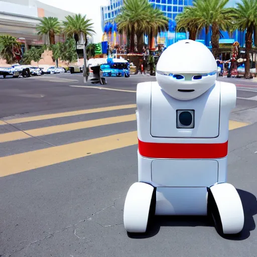 Prompt: LAS VEGAS, NV JUNE 7 2024: One of the most helpful happy self-aware robots to emerge from the future-technologies-portal.