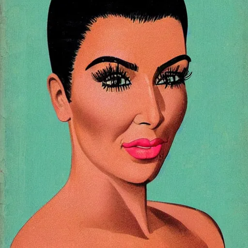 Image similar to “Kim Kardashian portrait, color vintage magazine illustration 1950”