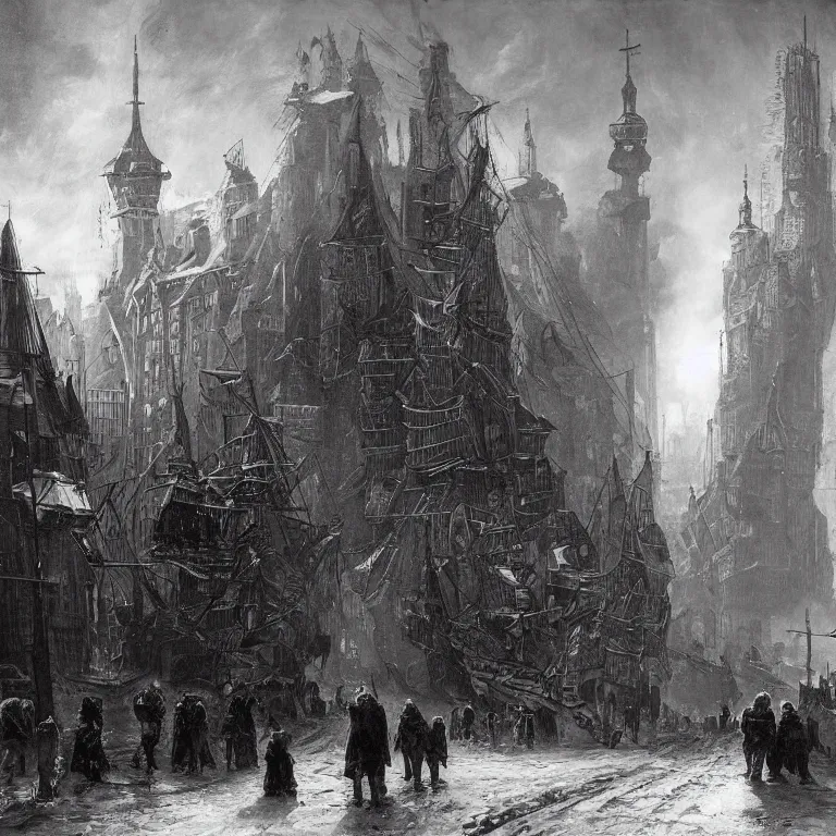 Image similar to cyberpunk depiction of the city of gdansk during arctic conditions by jan matejko