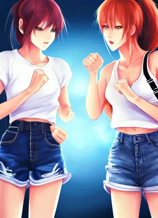 Image similar to two beautiful identical female fighters facing each other, jean shorts, white top, dim lighting, gorgeous features, high resolution, detailed anime art