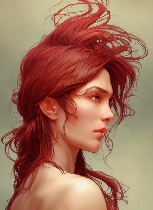 Image similar to vertical portrait of a ruggedly handsome female cleric, soft hair, close - up face, leather, witchy, d & d, fantasy, intricate, elegant, highly detailed, digital painting, artstation, concept art, smooth, sharp focus, illustration, art by artgerm and greg rutkowski and alphonse mucha, plain red background