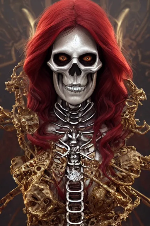 Image similar to woman lich skeleton made of quicksilver covered with blood, long red hair, golden necklace, ultra realistic, concept art, intricate details, highly detailed, photorealistic, octane render, 8 k, unreal engine. dnd art by artgerm and greg rutkowski and alphonse mucha