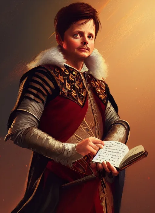 Prompt: illustration of michael j fox as a bard dressed in renaissance clothing with a goatee, by greg rutkowski artstation