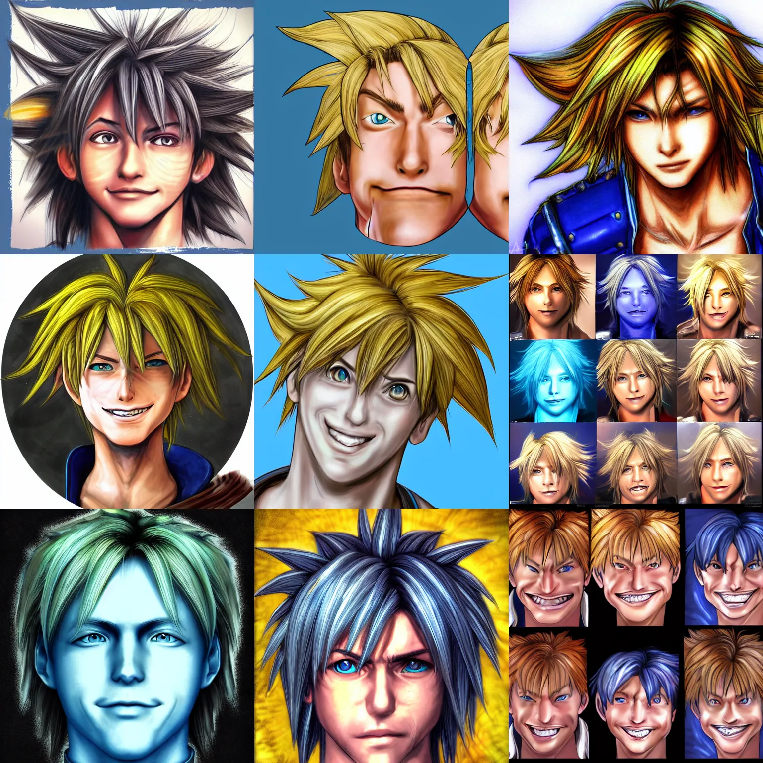 Prompt: distorted smiling tidus from ffx face portrait top of head looking down huge hair fisheye small face smiling terrible ugly deviantart