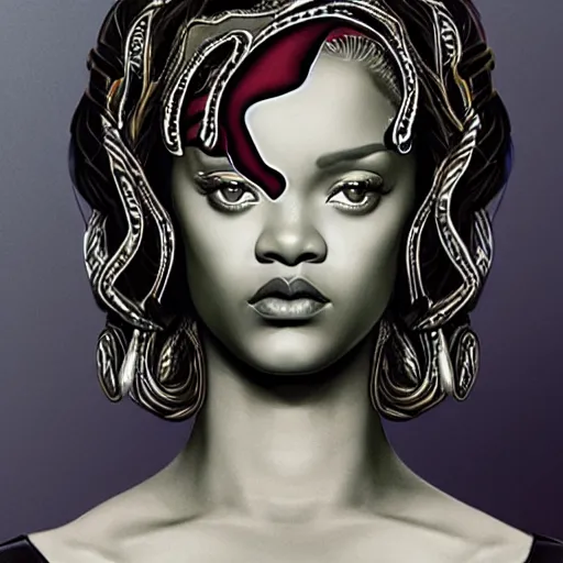 Image similar to Rihanna as a beautiful marble bust of medusa, with ribbons in the style of Escher, by Michelangelo