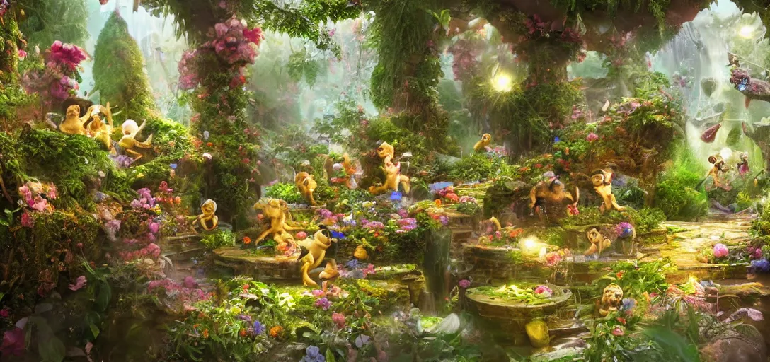 Image similar to a magic garden, with monkeys playing with diamonds, fairies and scissors, details, smooth, sharp focus, illustration, realistic, cinematic, artstation, gold, ornate, award winning, original modern artwork, rgb ethereal lighting, 8k