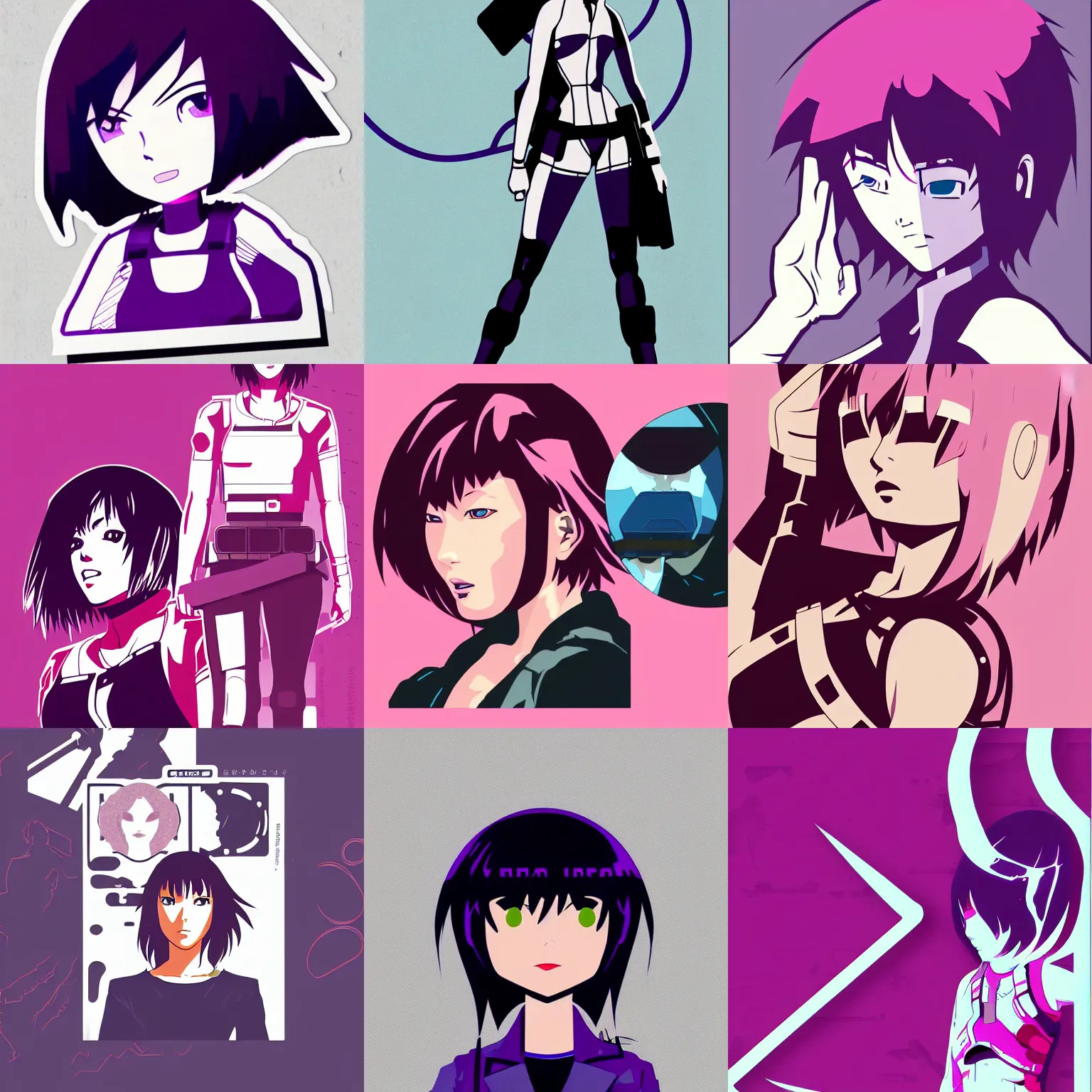 Prompt: motoko kusanagi. chibi. vector sticker illustration. adobe illustrator. svg. scalable vector graphic. dropshadow! die cut. aesthetic. heavy chromatic aberration. digital art. by cartoon network.