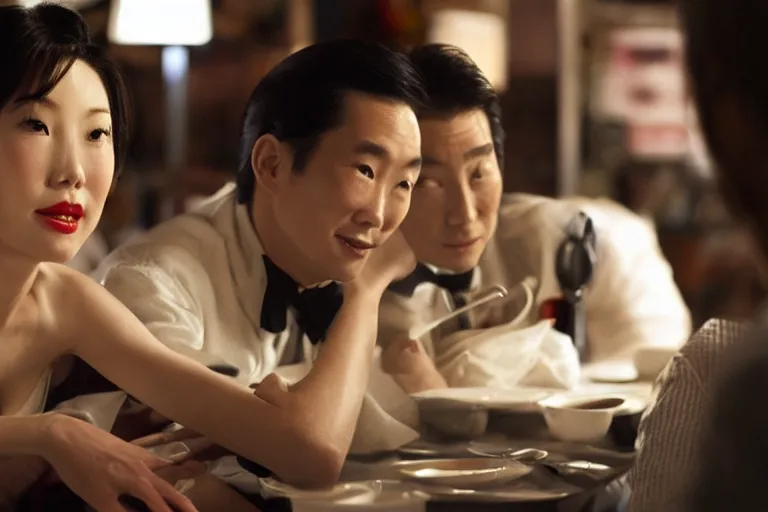 Image similar to movie interior closeup beautiful Japanese couple closeup sitting and talking at 50s diner, night in the city, beautiful skin, by Emmanuel Lubezki
