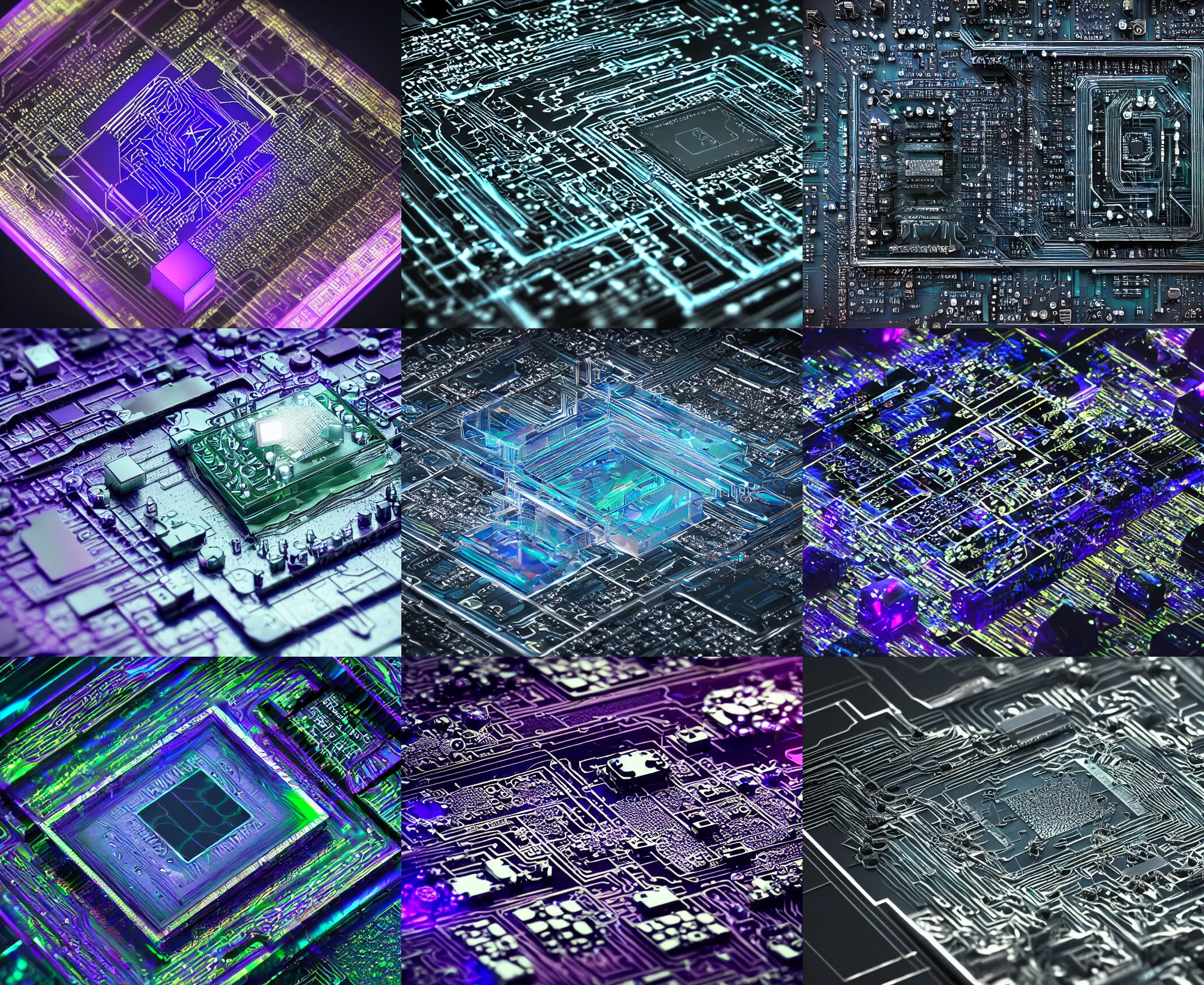 Prompt: circuit board processor block, 3 d ray traced photorealistic render, moody beautiful colors, futuristic, squares, crystal nodes, shiny, high angle shot with sharp realistic intricate detail, iridescent glowing chips, 3 d device, graphene, futuristic precious metals, treasure artifact