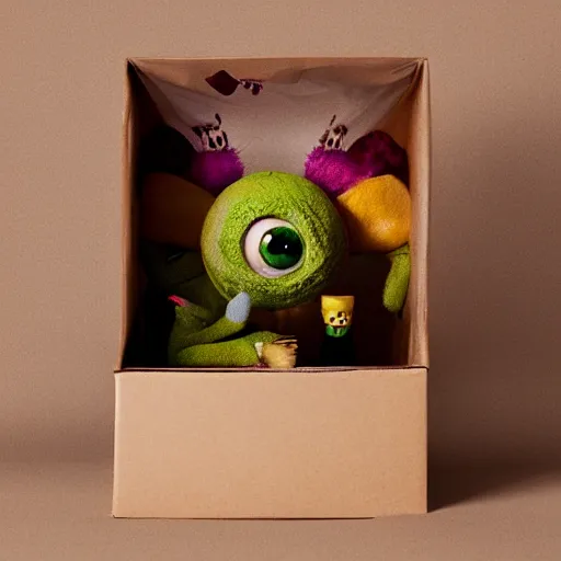 Image similar to cute monster in a box by Greg Rutkowski, product photography, centered, studio lightning