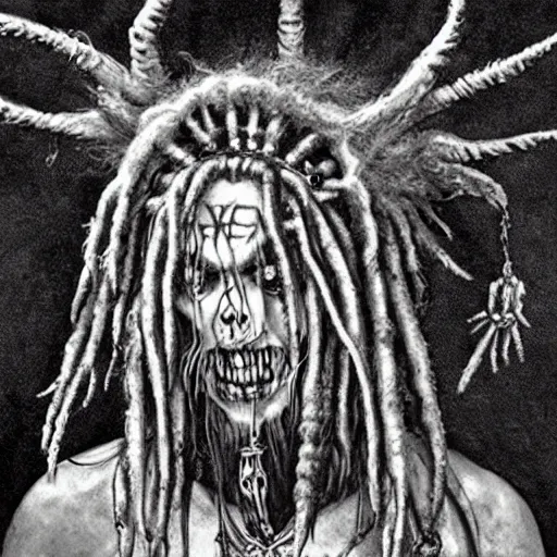 Image similar to a horror shaman with dreadlocks in sacrament of death