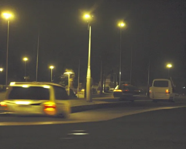 Image similar to suburban english street at night, 2003, yellow street lights, cars parked, amateur, flickr