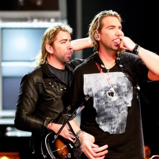 Image similar to chad robert kroeger of nickelback looking at a mystery object on someone's head