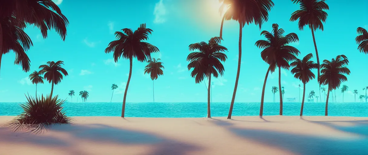 Image similar to synthwave beach, palm trees, water with caustics, 3 d octane render, raytracing, dynamic lighting, focus